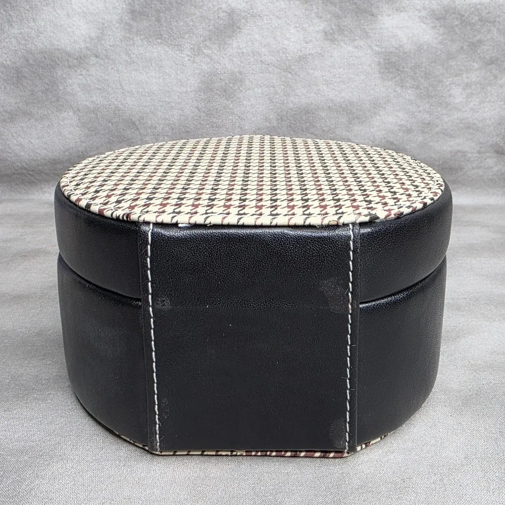 Vanity Jewelry Case Houndstooth Inset‎ & Black Leather Inside Mirror w/Pocket